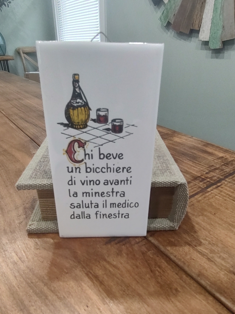 Italian Wine Quote Ceramic Tile Wall Art - White with Yellow & Red Accents